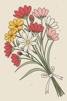 A colorful arrangement of flowers in red, pink, yellow, and white, with lush green stems, against a calm and muted background, with space left in the center for text. vector