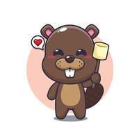 beaver mascot cartoon character illustration eating marshmallow. vector
