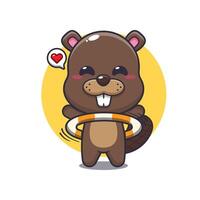 beaver mascot cartoon character illustration playing hula hoop. vector