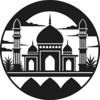 Islamic Mosque Silhouette with Dome and Minarets in Circular Frame vector