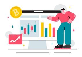 Flat Cartoon Illustration of Cryptocurrency Technology with Bitcoin, Digital Wallets, and Blockchain Features vector