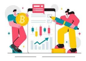 Digital Currency Trading Illustration with Bitcoin, Blockchain Wallet, and Cryptocurrency Coins in a Flat Cartoon Background vector