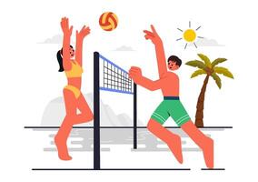 Beach Volleyball Player Throwing the Ball Over the Net in Summer Flat Cartoon Background vector