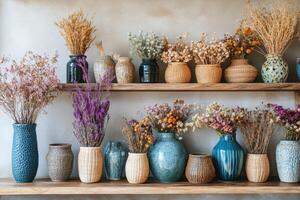Vibrant display of dried flowers in decorative vases on wooden shelves photo