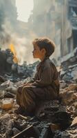 Child sitting on a pile of garbage in a polluted urban landscape surrounded by smoke photo