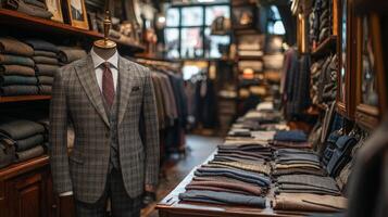 Tailored suits displayed in a classic menswear store filled with fabrics and accessories photo