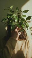 Unique indoor plant enthusiast expresses creativity with potted greenery on head photo
