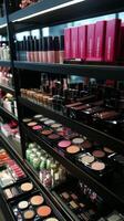Makeup display featuring various cosmetics in a modern beauty store environment photo