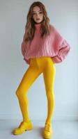 Fashion model showcases vibrant outfit in a studio setting with playful colors and bold style choices photo