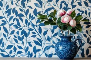Blue background with delicate white and light blue leaf patterns creating a calming atmosphere photo