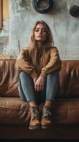 Young woman seated on a brown leather couch in a cozy indoor space with a relaxed expression photo