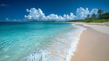 Quiet beach with gentle waves, palm trees, and distant mountains under a clear blue sky at midday photo