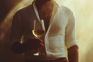 Celebrating joy with a glass of white wine at a tropical location during sunset photo