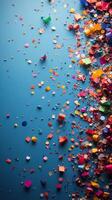Colorful party confetti scattered on a bright blue background for celebrations and events photo