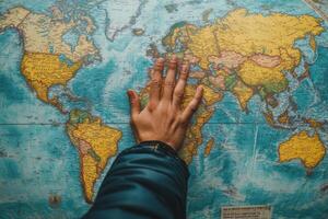 Exploring the world map with a hand placement over Europe, showcasing global geography and travel dreams photo