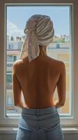 Woman standing by the window with a towel on her head in a cozy indoor setting photo