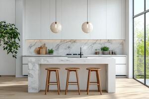 Bright and airy modern kitchen with large windows and natural light in daylight hours photo