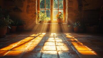 Sunlight streams through a window illuminating a rustic room with plants and terracotta tiles photo