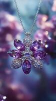 Pendant necklace with intricate purple gemstones and sparkling details in an artistic display photo