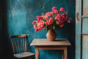 Brightly lit kitchen table with fresh flowers in vase near window photo