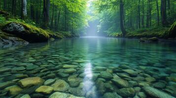 Sunlight reflects on the water near a stone in a tranquil forest stream during late afternoon photo