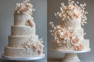 Elegant wedding cake adorned with delicate floral decorations at a luxurious reception venue photo