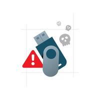 Flat illustration of USB flash drive lying on the floor with an exclamation mark. Warning against picking up random flash drives due to the risks of viruses, malware, or potential digital crimes vector