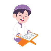 Happy child reading the Quran during Ramadan, sitting peacefully with a joyful expression of devotion. vector