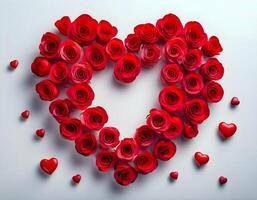 Top view valentine's day concept with heart-shaped red rose buds surrounded by a white background. photo