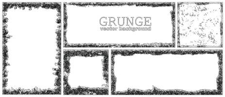 Set of ink grunge frames with damaged edges. Black distress border. Hand draw template. vector