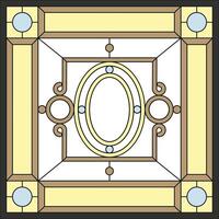 Ceiling panels stained glass window. Abstract flower, swirls and leaves in square frame, geometric ornament, symmetric composition, classic style vector