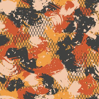 Red orange and yellow colors lattice camouflage with dry brush strokes, seamless hand drawn blots grunge pattern. Scribble military camo, grid texture, fashionable urban fabric