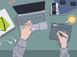 flat design of a graphic designer's work desk from above view, work desk up view, vector