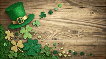 St. Patrick's Day Composition with Shamrocks and Leprechaun Hat on a Rustic Wooden Background photo