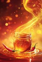 Jar of honey with red chili peppers photo