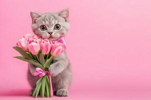Cute gray kitten holding a bouquet of pink tulips photo