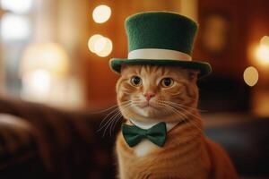 Charming ginger cat wearing a green top hat photo