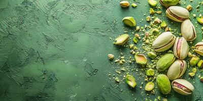 Pistachios arranged on a textured green background photo