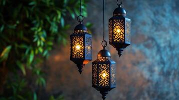 Hanging Islamic lanterns with intricate patterns photo