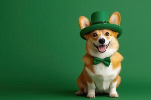 Cheerful corgi wearing a green hat and bow tie photo
