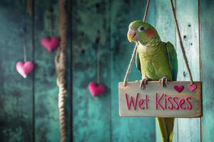 Green parrot on a wooden sign photo