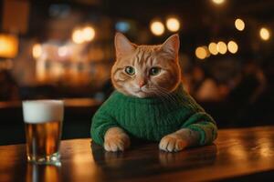 Ginger cat wearing a green sweater photo