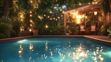 Cozy backyard swimming pool with lush greenery photo