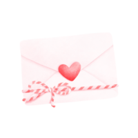 Watercolor painting of a white envelope in pink tones with a red heart covering the front of the envelope and a white-red string tied at the bottom. png