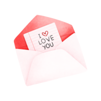 Watercolor painting of a white envelope with red inside and a piece of paper inside. The paper says I love you. png