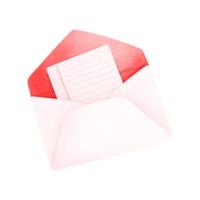 Watercolor painting of a white envelope with red inside and a piece of paper inserted inside. png