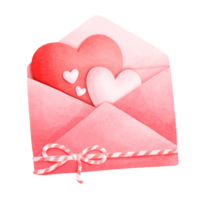 Watercolor painting of a red envelope with a red and white string tied at the bottom and a heart inside the envelope. png