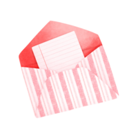 The watercolor painting of the envelope has a line pattern, is red inside, and has a piece of paper inside. png