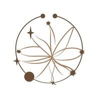 elements of celestial abstract flower in the center surrounded by circular lines, planets, moon, starbursts, and stars, with earthy tones, ideal for cosmic, nature inspired designs vector