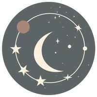 Celestial with moon, stars, orbits, starburst, and planet shapes in charcoal gray, off white, and warm taupe, fit for wall art, branding, and digital decor vector